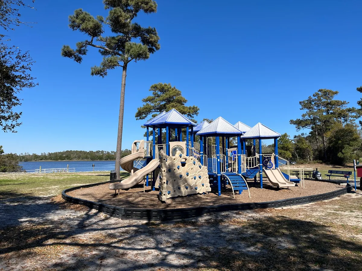 This image captures a vibrant outdoor playground with climbing walls, slides, and a surrounding grove of trees, set beside a tranquil lake. The scene is lively, with children playing, families gathering, and plenty of open space for pets to explore.